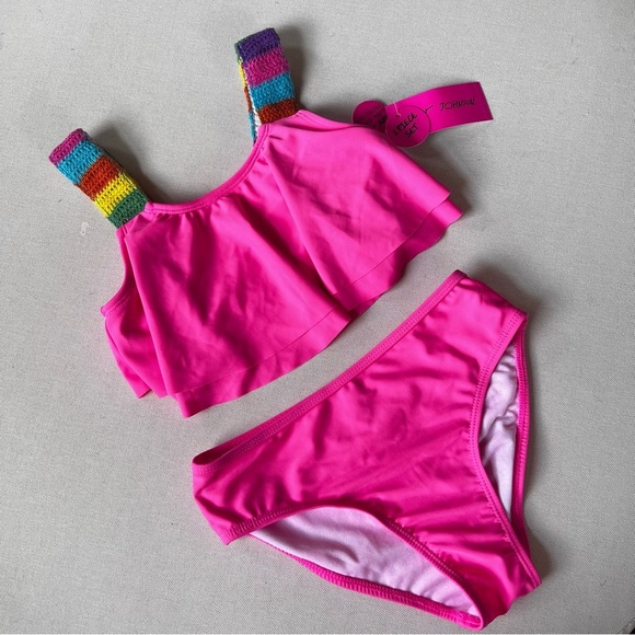 NWT Betsey Johnson Girls Swimsuit 2 Piece Size 10 Pink / Rainbow Ruffles - Picture 1 of 8
